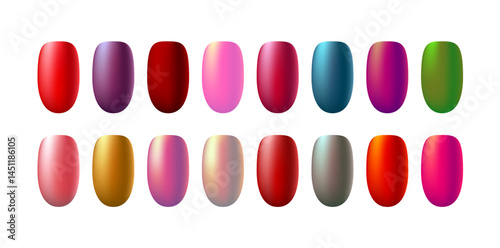 Collection Of Colorful Nails On White Background, Realistic Fashion Manicure Accessory Vector Illustration.	