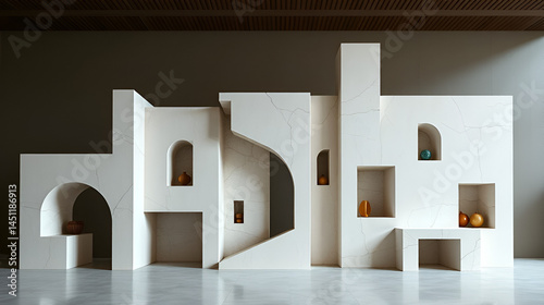 Abstract architectural sculpture composition with geometric shapes niches