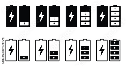 Battery charging indicator icon in white background. Fully charged and discharged battery in 0 to 100 % level icon. Vector illustration.
