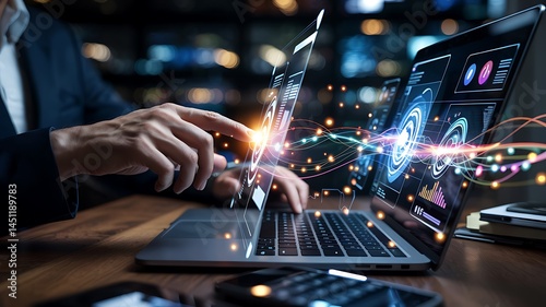 Businessman Analyzing Data On A Futuristic Interface Displayed On A Laptop Screen For Strategic Decision Making In The Digital Age Enhancing Business Intelligence With Technology