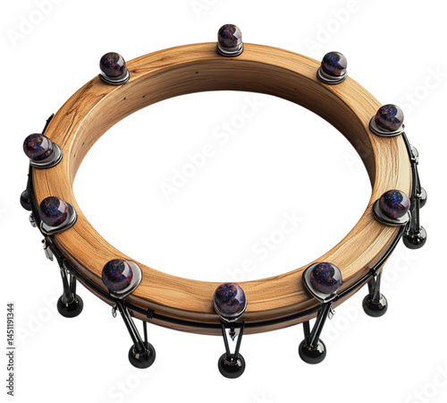 A wooden circle with many small beads on it