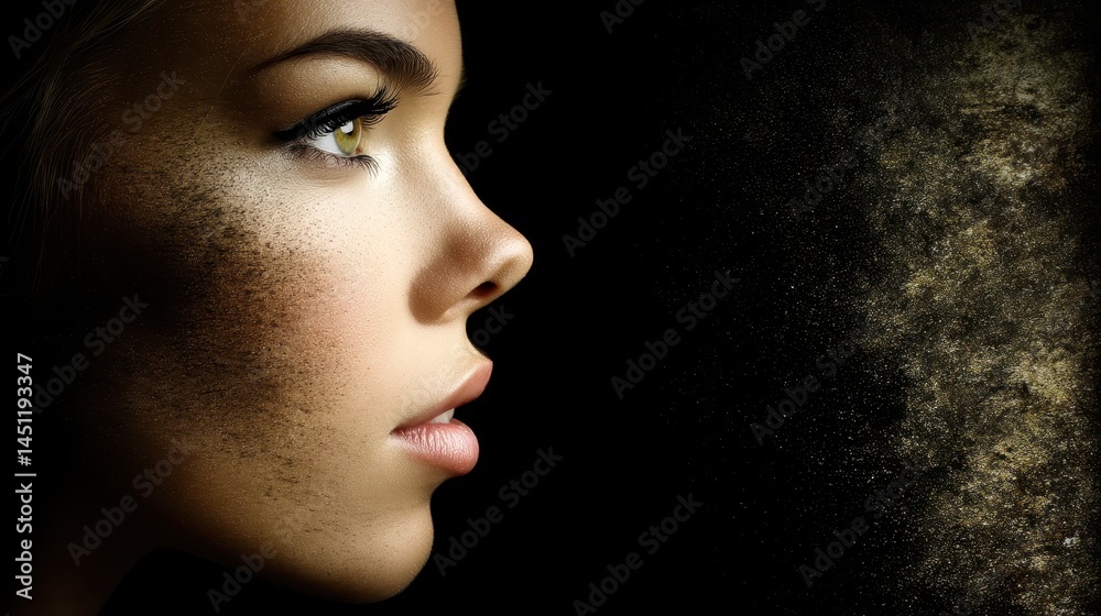 Fototapeta premium Surreal Cosmic Vision with Double Exposure of a Woman's Profile Merging with Space Elements in an Artistic Composition