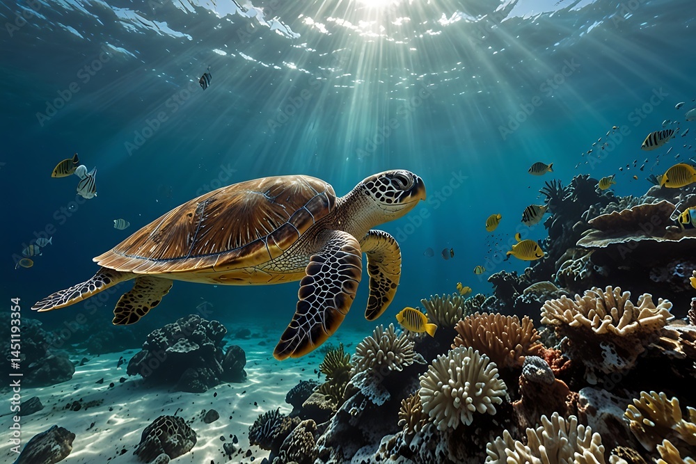 Obraz premium Sea Turtle Swimming Gracefully Above Coral Reef in Clear Ocean Waters