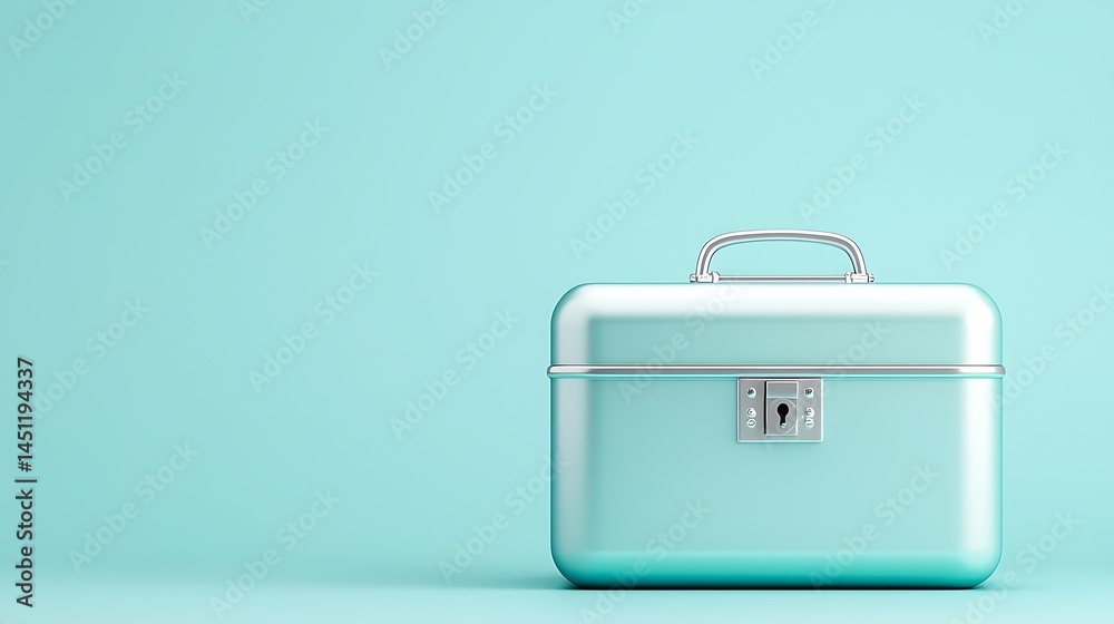 Mint Green Metallic Storage Box with Lock on Soft Blue Background Mint Green Metallic Storage Box with Lock on Soft Blue Background