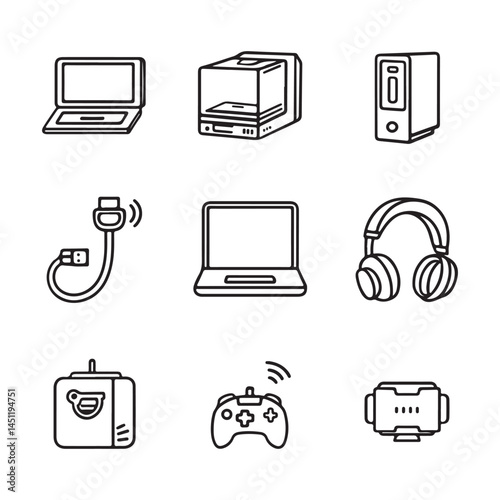 Computer accessories and electronic devices vector icons set technology gadgets outline illustration design silhouette