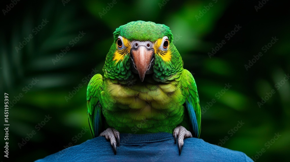 Obraz premium A vibrant green parrot perched on a person's shoulder amidst lush tropical foliage, showcasing its colorful plumage and striking features