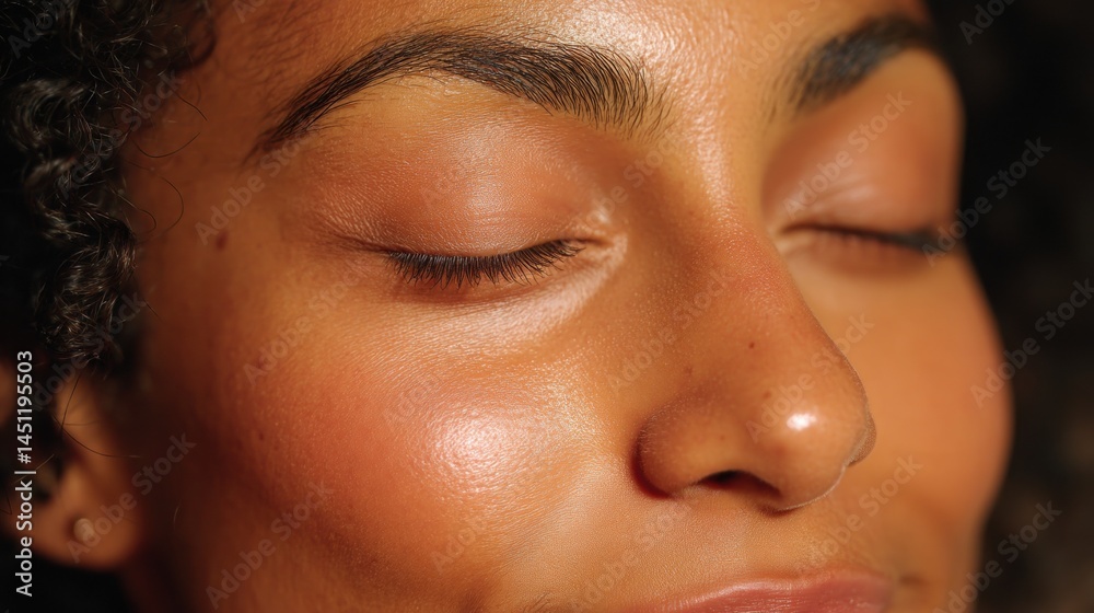 Fototapeta premium Close-up portrait of a young woman with curly hair, eyes gently closed, showcasing her natural skin tone and healthy glow. The image captures the smooth texture of her skin, with subtle highlights acc