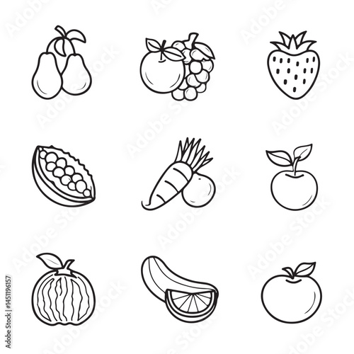 Fruit and vegetable outline icons vector set healthy food drawing illustration for coloring book pages 100 silhouette