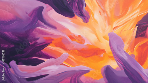 the image showcases a vibrant and abstract composition with dynamic brushstrokes. swirls of deep purples contrast against bright oranges and yellows, creating a sense of movement and energy