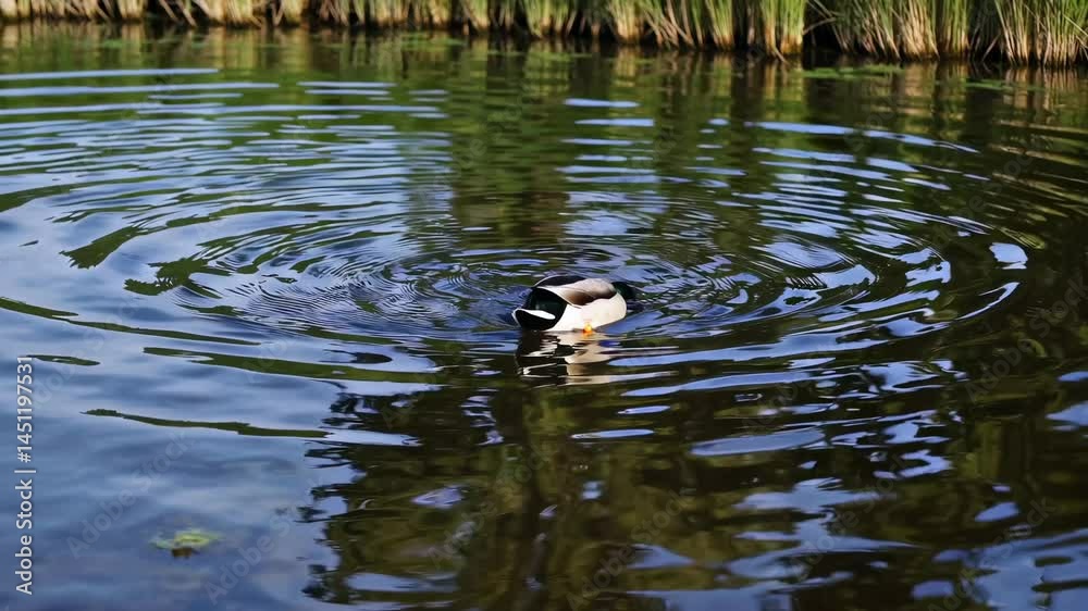 A serene video captures a low-angle view of a duck swimming in a pond, creating ripples, surrounded by lush greenery and reeds in the background. A serene video captures a low-angle view of a duck swimming in a pond, creating ripples, surrounded by lush greenery and reeds in the background.