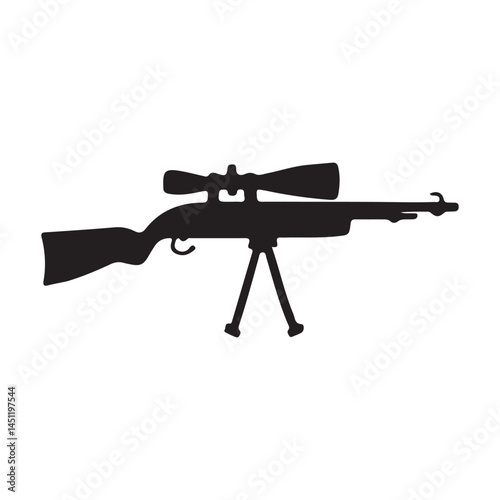 Silhouette of sniper rifle with scope and bipod for hunting or target practice long range shooting weapon