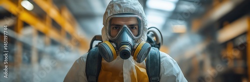 Pest control expert in protective suit spraying chemical mist in industrial basement