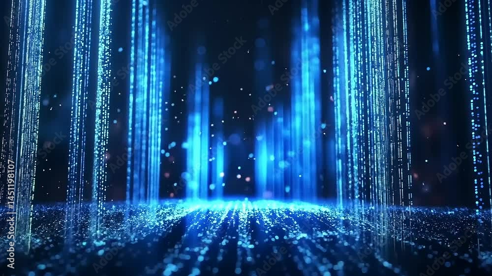 Dynamic Blue Light Streams and Particles on Dark Background Glowing Futuristic Data Stream Digital Network Connection Visual Abstract Design