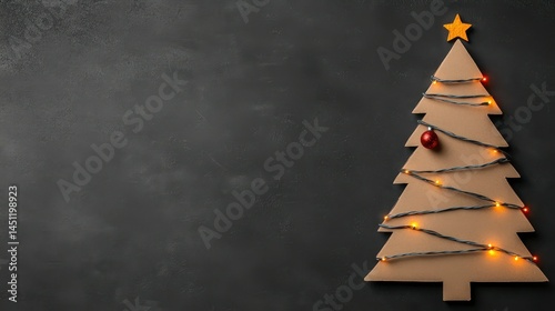 A festive cardboard Christmas tree adorned with colorful lights and a shiny ornament against a dark textured background