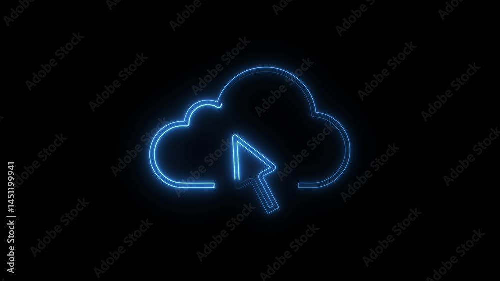 Neon cloud computing symbol animation over black background with cursor