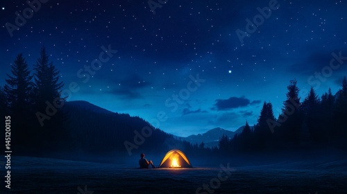 A serene night camping experience under a starry sky, with a glowing tent and a person enjoying the tranquility of nature