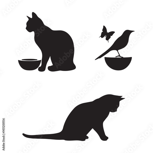 Cat bird butterfly silhouette vector illustration pet animal design graphic art drawing template clipart image
