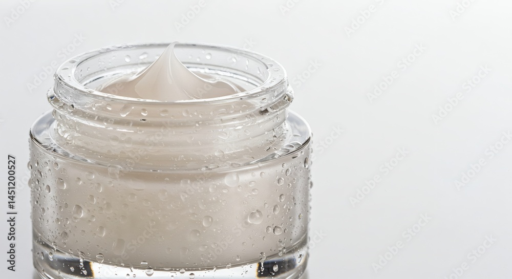 A glass jar with moisturizing cream, showcasing freshness and beauty on a white background. A glass jar with moisturizing cream, showcasing freshness and beauty on a white background.