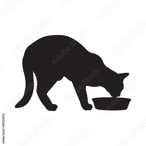 Black cat silhouette eating food from bowl vector illustration pet animal domestic feline kitten design graphic