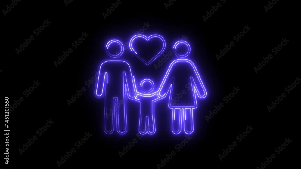 Neon family icon animation on black background parents and child with heart symbolizing love and togetherness for technology and family oriented themes Neon family icon animation on black background parents and child with heart symbolizing love and togetherness for technology and family oriented themes