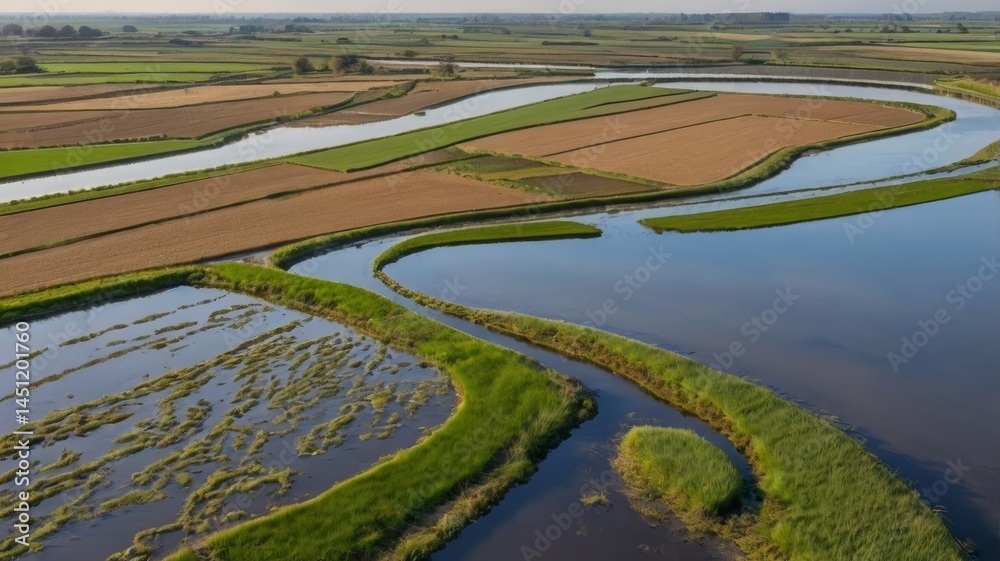 Fototapeta premium Aerial view of agricultural landscape with waterways and cultivated fields