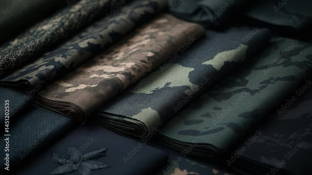 Close-up of camouflage fabric in shades of green brown and black. Various patterns textures folded on a dark surface