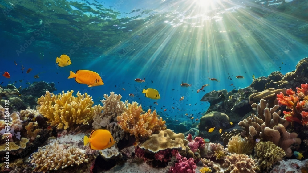 Obraz premium Underwater paradise with vibrant coral reef, fish, and sunlit ocean environment