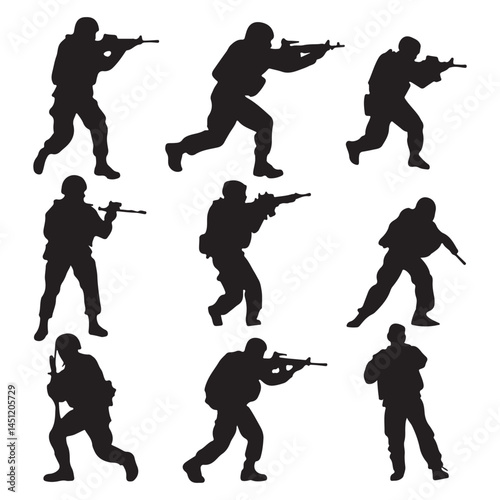 Soldier silhouette vector art: army military combat troops with weapons and guns vector illustration design 100