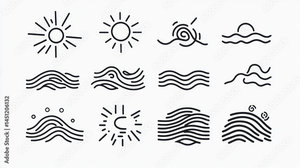 Fototapeta premium Simple Line Art Icons of Sun & Waves