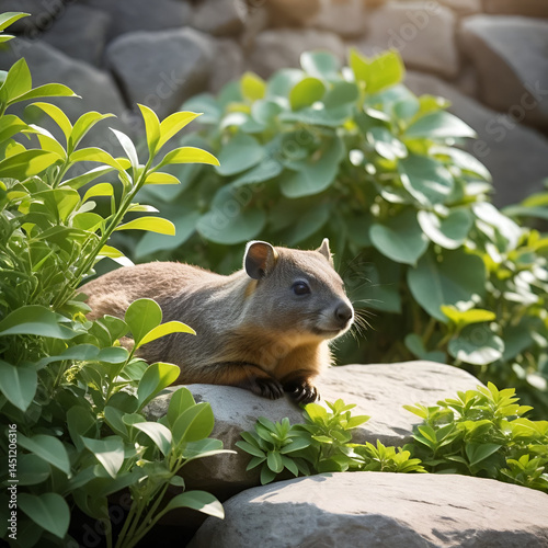 A dreamy summer frame of green foliage with a rock hyrax sunning itself on a warm stone.