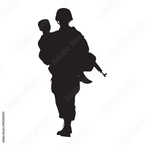 Soldier carrying child silhouette vector illustration for military and war memorial remembrance day design