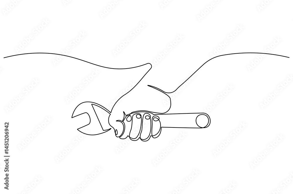 Obraz premium Continuous one line drawing of Hand holding wrench. Single line drawing illustration of Holds a wrench. Tools for car repair concept vector art. Doodle line illustration.