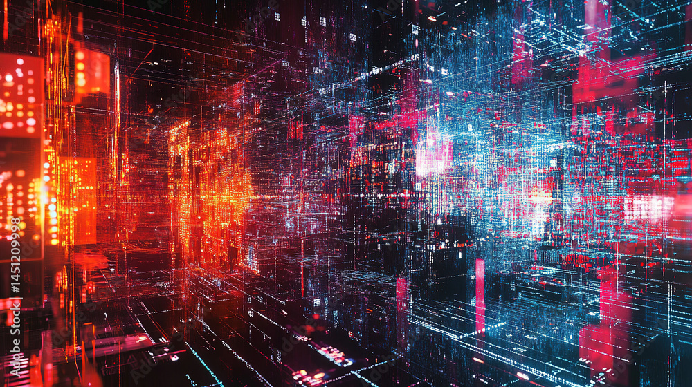 Fototapeta premium Abstract digital connections visualizing data exchange and blockchain technology, showcasing decentralized networks, secure transactions, and futuristic information systems