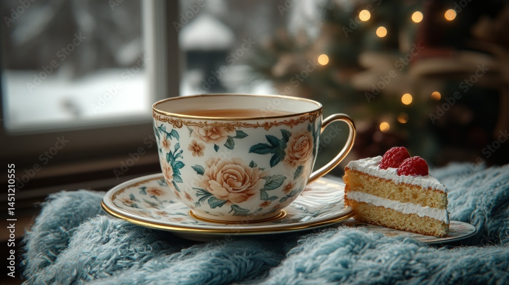 Fototapeta premium Elegant tea presentation with floral teacup, cake, soft blanket, and winter background