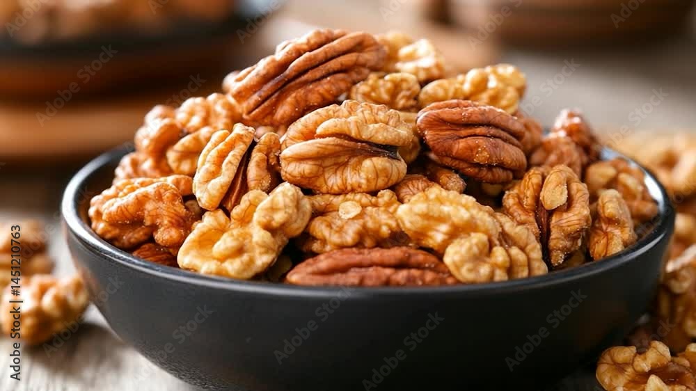 Close-up shot of various nuts presented in a black bowl on wooden surface. Focus on the textured details and warm colors of the walnuts and pecans