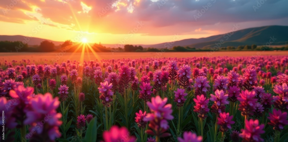 Obraz premium Vibrant pink and violet wildflowers carpet a field at sunset, creating a stunning countryside backdrop , flowers, beautiful