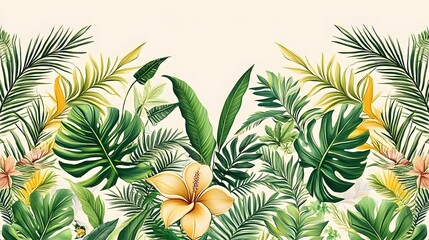 Aluminium schilderij Jungle Lush Tropical Floral Border Seamless Pattern  © Mr