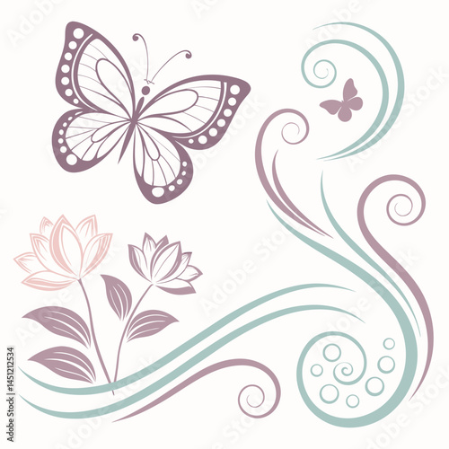 Delicate Floral Ornaments With Butterfly In Muted Pastel Colors Design Elements