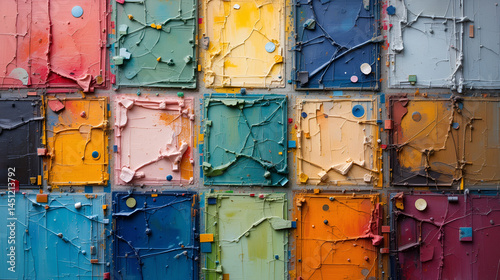 A colorful abstract painting with squares of different colors