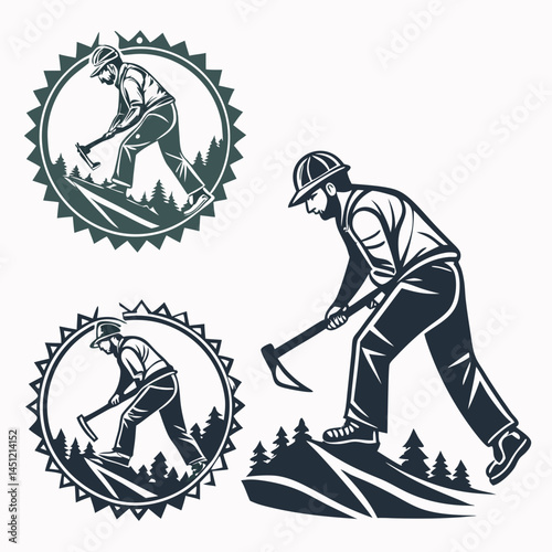Set Of Miners With Pickaxe Illustration In Vector Style