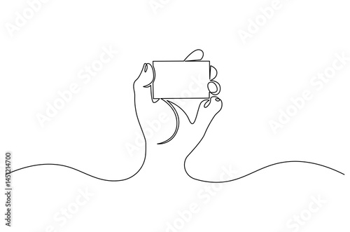 Continuous one line drawing of Hand holding card. Single line drawing illustration of Hand holds credit card or debit ca. Blank card concept vector art. Doodle line illustration.