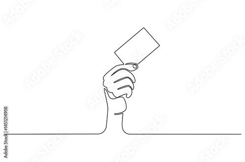 Continuous one line drawing of Hand holding card. Single line drawing illustration of Hand holds credit card or debit ca. Blank card concept vector art. Doodle line illustration.