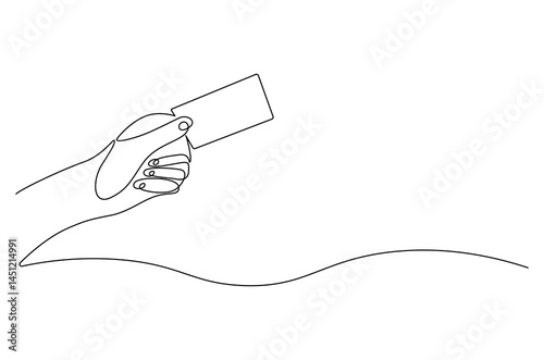Continuous one line drawing of Hand holding card. Single line drawing illustration of Hand holds credit card or debit ca. Blank card concept vector art. Doodle line illustration.