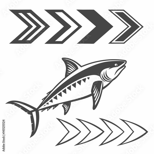 Monochrome Illustration Of A Tuna Fish With Directional Arrows Graphic Element