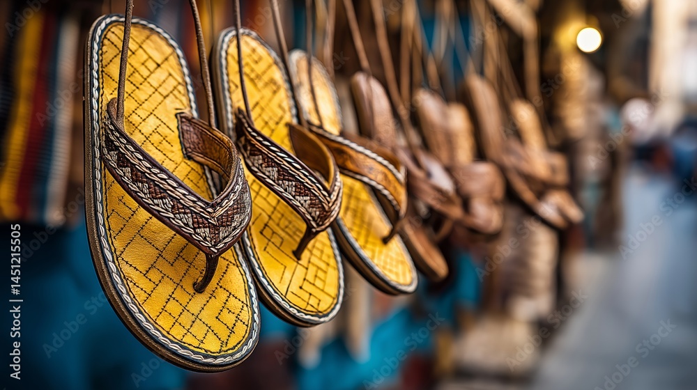 Naklejka premium Flip-flops for Sale: A colorful display of handcrafted flip-flops, showcasing detailed craftsmanship and unique designs, perfect for a summer vacation.