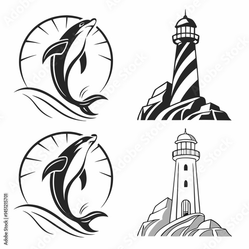 Lighthouse Vector Illustration Nautical Navigation Coastline Icons Sea Ocean Voyage