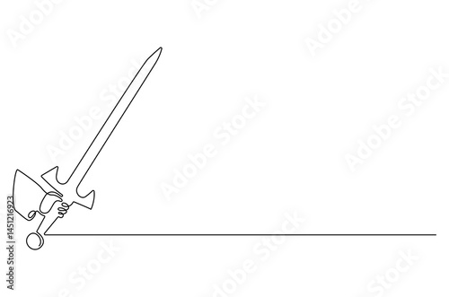 Continuous one line drawing of Hand holding sword. Single line drawing illustration of Holds a sword. Sword concept vector art. Doodle line illustration.