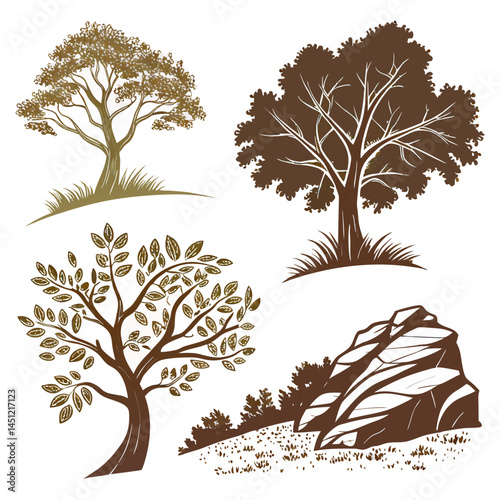 Natural Elements Vector Illustration Featuring Trees Lion Landscape And Rock Formation