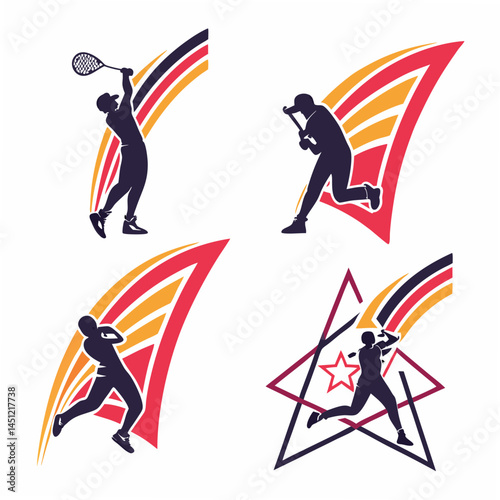 Set Of Abstract Sport Player Silhouettes In Action With Geometric Backgrounds