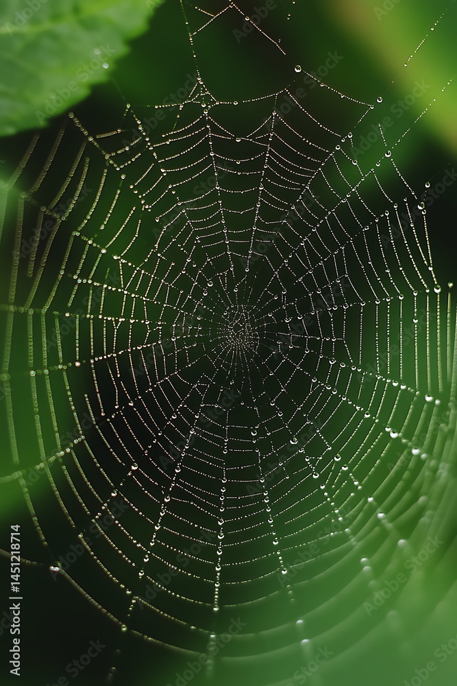 Dew-Kissed Spiderweb Weaving a Delicate Trap in Verdant Greenery Dew-Kissed Spiderweb Weaving a Delicate Trap in Verdant Greenery